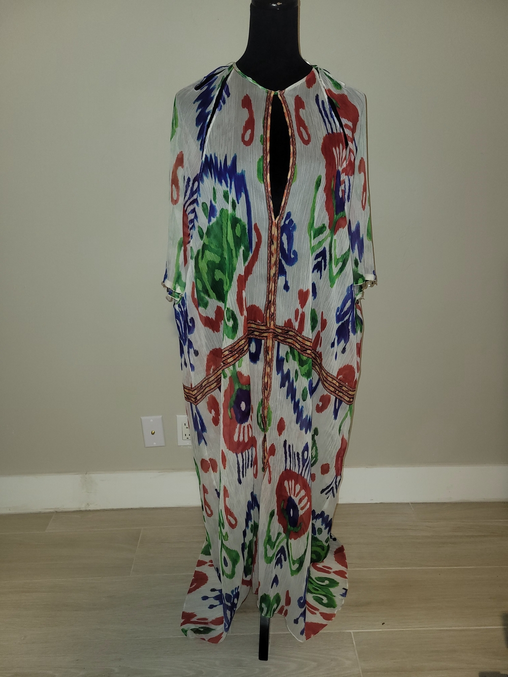 Zara White Maxi Kaftan with Green, Blue and Red Floral Print